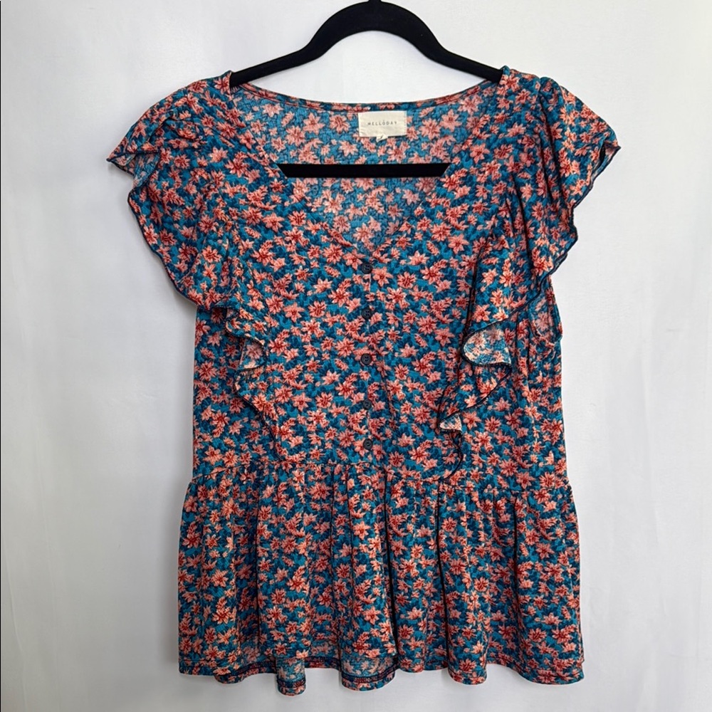 MELLODAY Blue and Pink Flutter Sleeve Peplum Blouse women’s medium